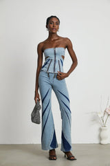 Abigail Denim Top & Jeans Set - Off - the - Shoulder Style - Color - Blocked Design - Cut - Out Detailing - Zips Decoration