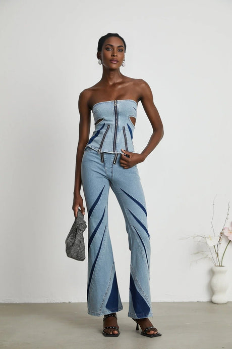Abigail Denim Top & Jeans Set - Off - the - Shoulder Style - Color - Blocked Design - Cut - Out Detailing - Zips Decoration