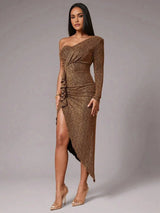 Abigail Midi Dress - Asymmetrical Neck - High Waist - Ruched Details - Party Style