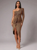 Abigail Midi Dress - Asymmetrical Neck - High Waist - Ruched Details - Party Style