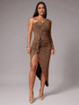 Abigail Midi Dress - Asymmetrical Neck - High Waist - Ruched Details - Party Style