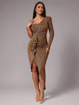 Abigail Midi Dress - Asymmetrical Neck - High Waist - Ruched Details - Party Style