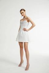 Abigail Mini Dress - Sleeveless Off the Shoulder Embellished Rear Zip Fastening
