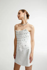Abigail Mini Dress - Sleeveless Off the Shoulder Embellished Rear Zip Fastening