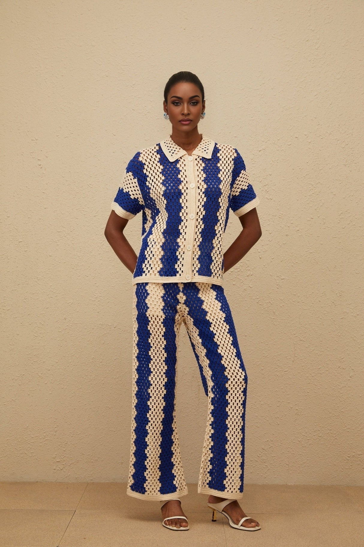 Abigail Shirt & Trousers Set - Crochet Knit Design - Cut - Out Detailing - Notched Lapels - Wide Leg - Flared Hem
