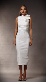 Tatiana Midi Dress - High Neckline - Ruched Detailing - Fabric Flowers - Draping Fit - Versatile