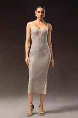 Adalgisa Beige Diamond Detail Plunging Neckline Dress