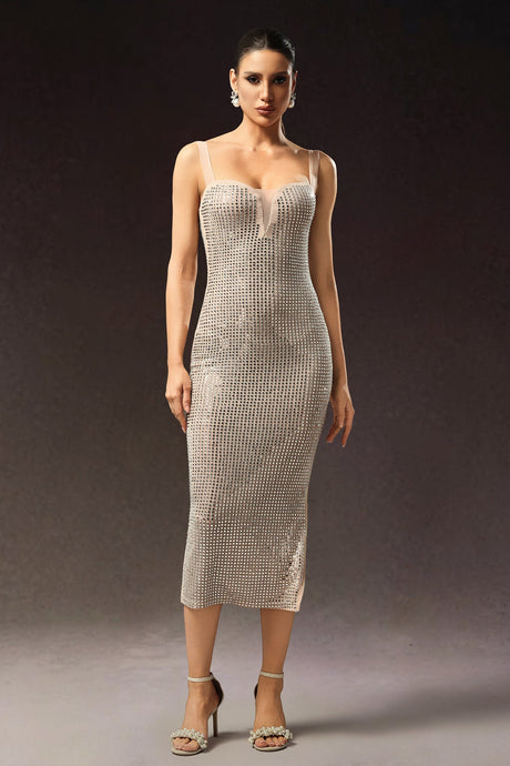 Adalgisa Beige Diamond Detail Plunging Neckline Dress