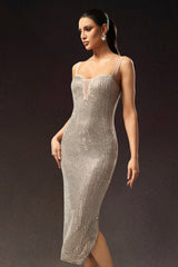 Adalgisa Beige Diamond Detail Plunging Neckline Dress