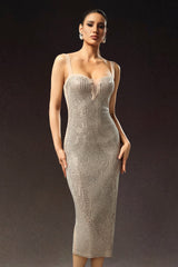 Adalgisa Beige Diamond Detail Plunging Neckline Dress
