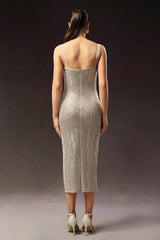 Adalgisa Beige Diamond Detail Plunging Neckline Dress