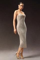 Adalgisa Beige Diamond Detail Plunging Neckline Dress