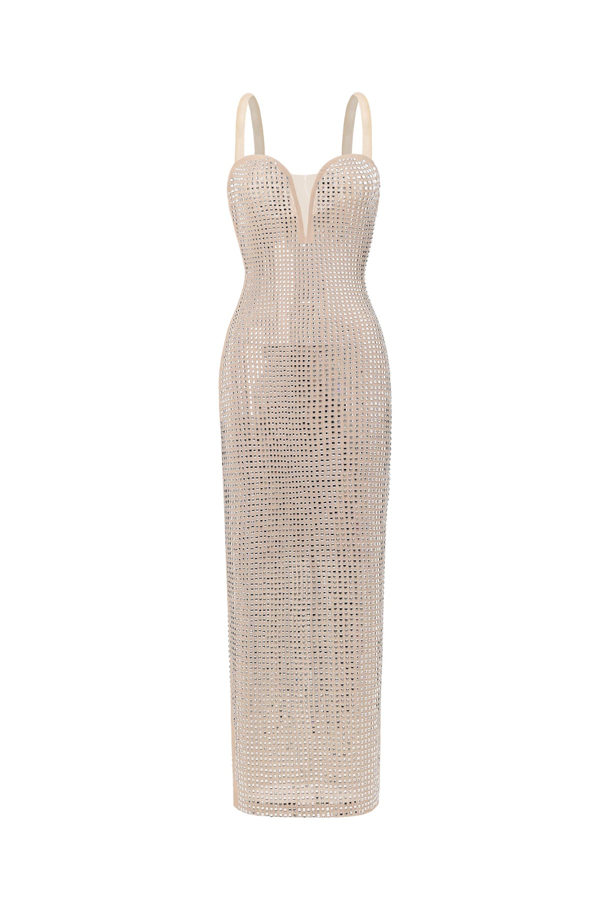 Adalgisa Beige Diamond Detail Plunging Neckline Dress