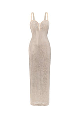 Adalgisa Beige Diamond Detail Plunging Neckline Dress