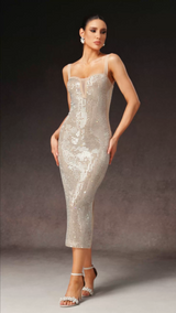 Adalgisa Beige Diamond Detailing Plunging Neckline Dress