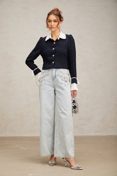 Adalgisa Jacket - Tweed - Flared Cuffs - Color Blocked Design - Quilted Lining