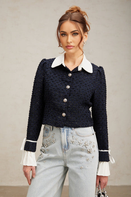 Adalgisa Jacket - Tweed - Flared Cuffs - Color Blocked Design - Quilted Lining