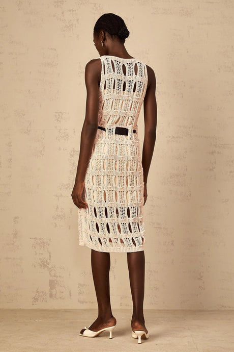Adalgisa Midi Dress Pink & Black Crochet - Knit Bow Cut - Out