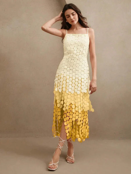 Adalgisa Midi Dress - Spaghetti Strap - Wedding - Flared Hem - High Waist - Elegant Style