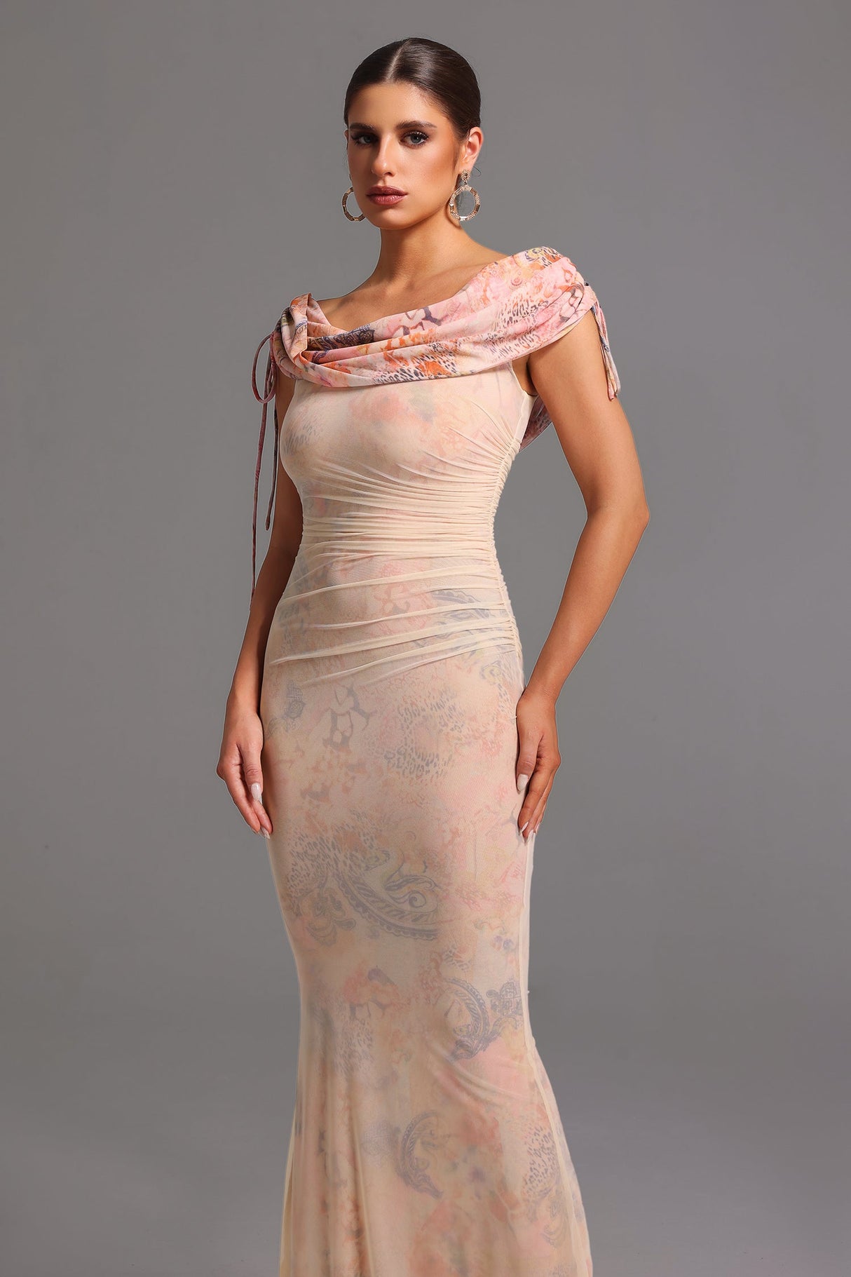 Adalyn Beige Off-the-Shoulder Maxi Dress with Ruched Detailing