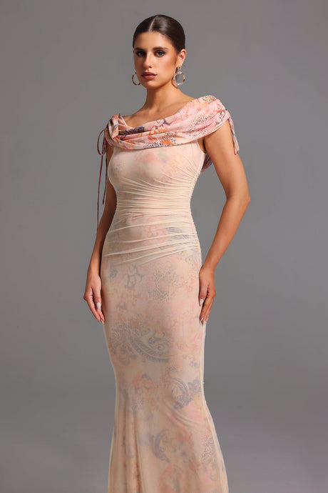 Adalyn Beige Off-the-Shoulder Maxi Dress with Ruched Detailing