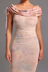 Adalyn Beige Off-the-Shoulder Maxi Dress with Ruched Detailing