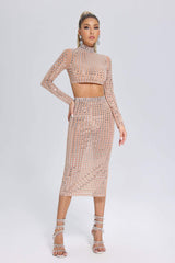 Adalyn Beige Mesh Diamante Detail Dress