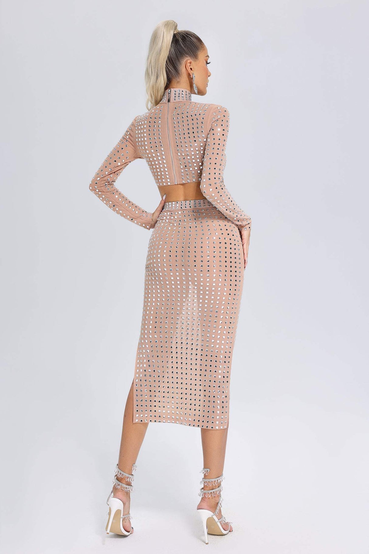 Adalyn Beige Mesh Diamante Detail Dress