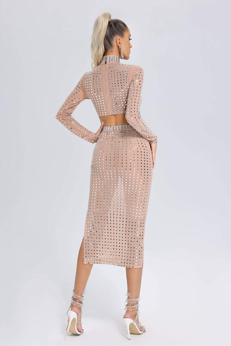 Adalyn Beige Mesh Diamante Detail Dress