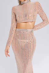 Adalyn Beige Mesh Diamante Detail Dress