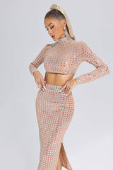 Adalyn Beige Mesh Diamante Detail Dress