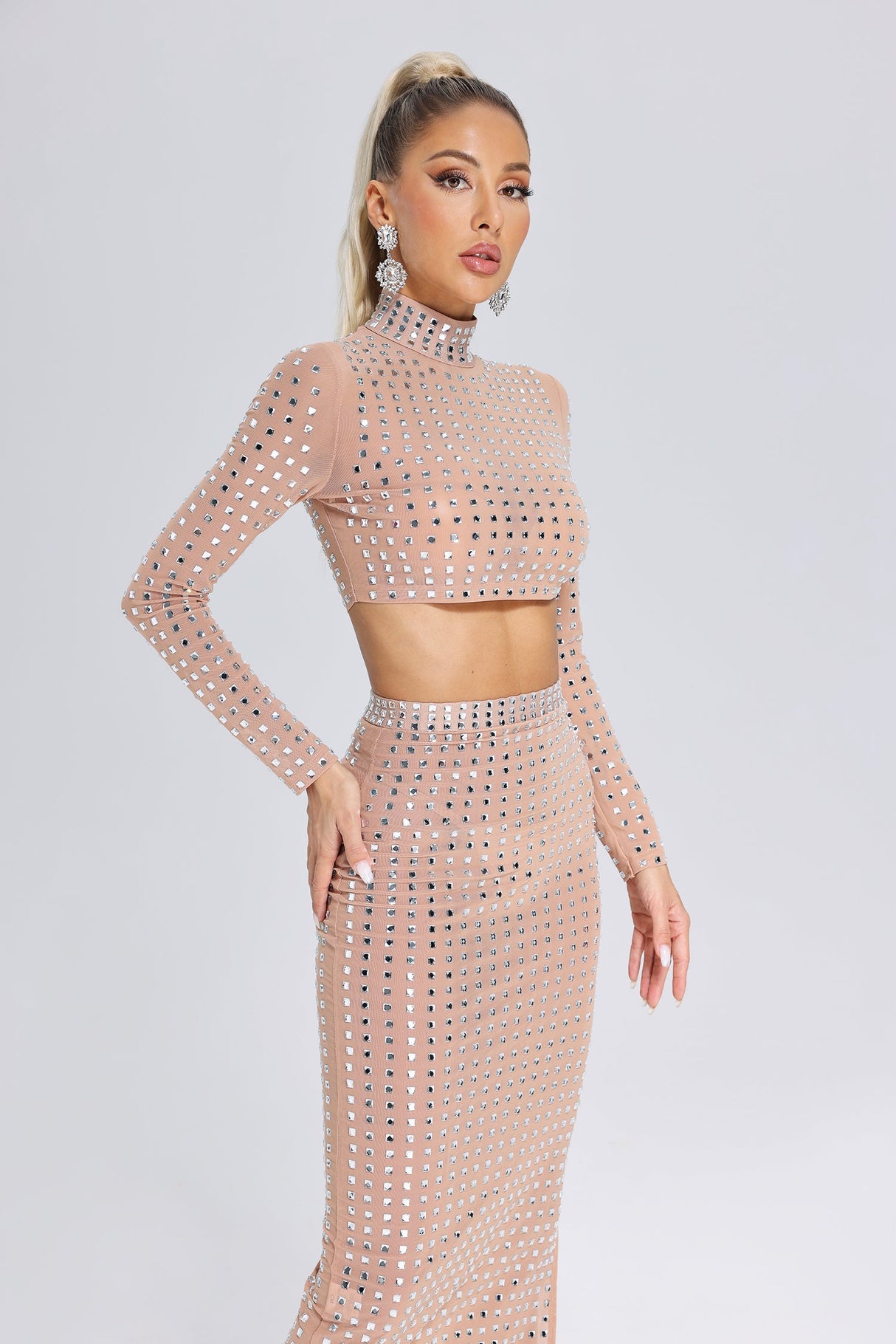 Adalyn Beige Mesh Diamante Detail Dress