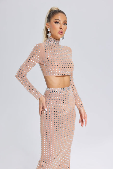 Adalyn Beige Mesh Diamante Detail Dress