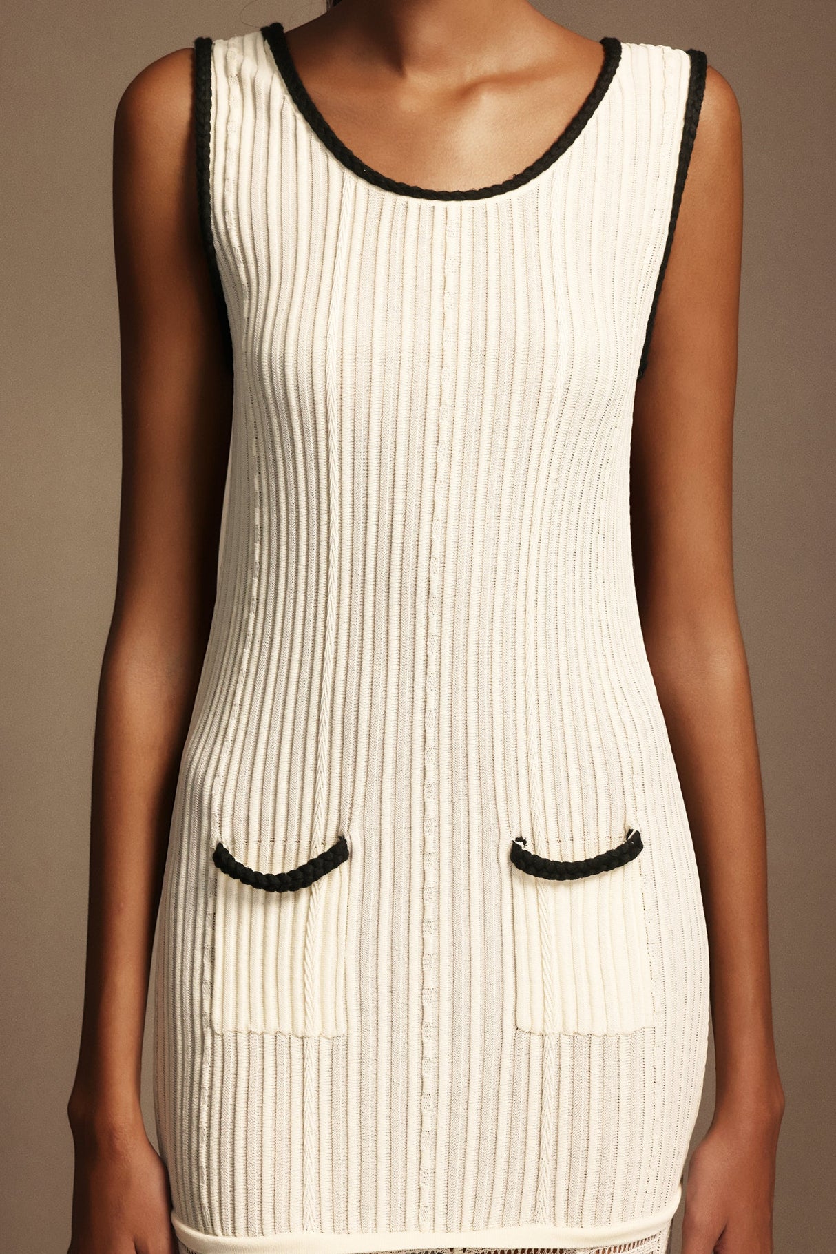 Adalyn Cream Ribbed U-Neckline Maxi Dress with Pockets for Women