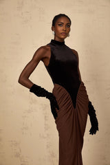 Adalyn Maxi Dress Brown & Black Velvet Ruched Detailing