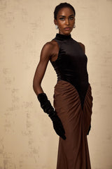 Adalyn Maxi Dress Brown & Black Velvet Ruched Detailing