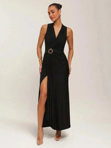 Adalyn Maxi Dress - Refined Style - Slim Fit - High Stretch Fabric - Sleeveless Length - Shawl Collar Neckline - Ruched, Wrap, Split Thigh
