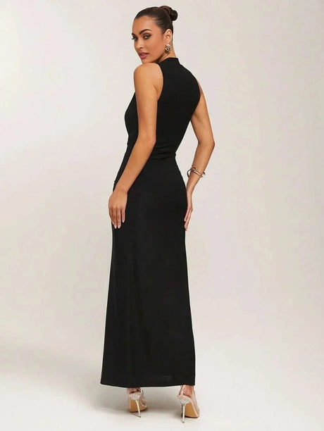 Adalyn Maxi Dress - Refined Style - Slim Fit - High Stretch Fabric - Sleeveless Length - Shawl Collar Neckline - Ruched, Wrap, Split Thigh
