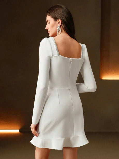 Adalyn Mini Dress - Sweetheart Neckline - Flared Hem - High Waist - Pearls & Button Front - Elegant Style