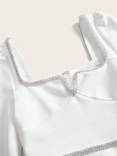 Adalyn Mini Dress - Sweetheart Neckline - Flared Hem - High Waist - Pearls & Button Front - Elegant Style