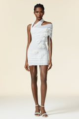 Adalyn White Asymmetrical Mini Dress with Floral Embellishments