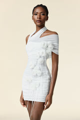 Adalyn White Asymmetrical Mini Dress with Floral Embellishments