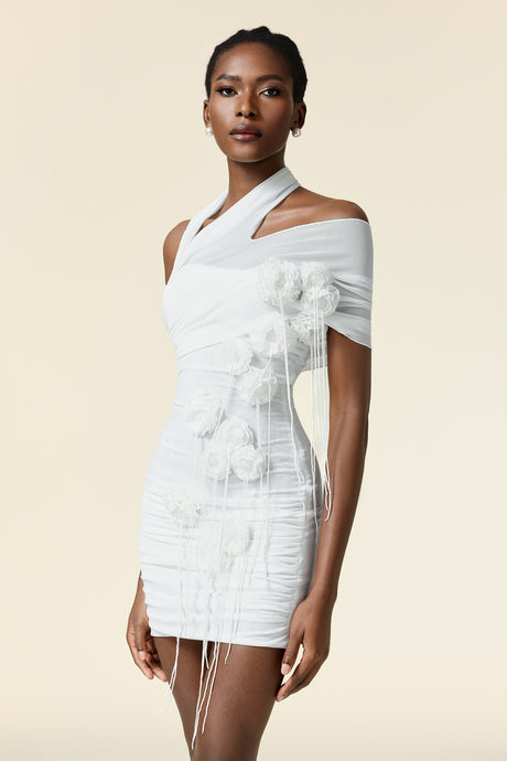 Adalyn White Asymmetrical Mini Dress with Floral Embellishments