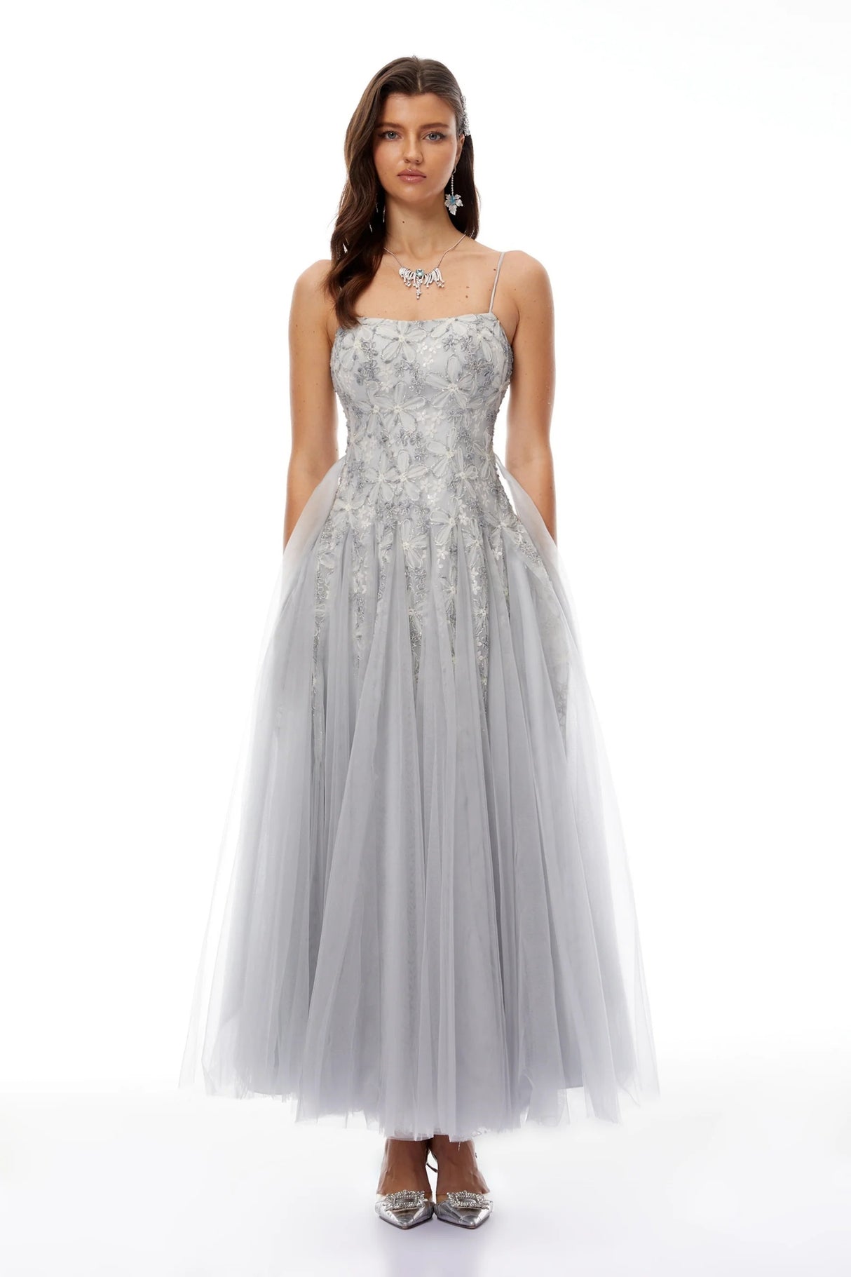 Adalynn Grey Floral Embroidered Tulle Maxi Dress