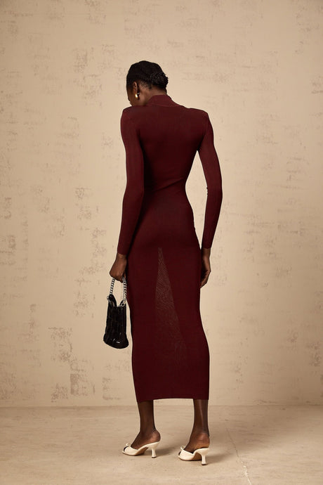 Addison Midi Dress - Shoulder Padded - Semi - Sheer - Stretch Knit - Turtle Neck
