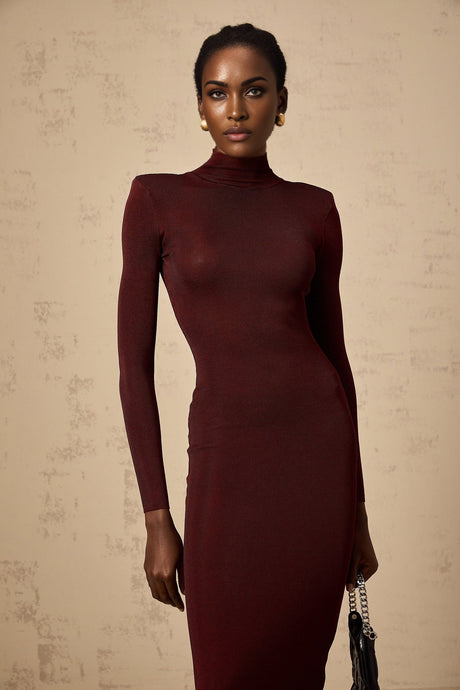 Addison Midi Dress - Shoulder Padded - Semi - Sheer - Stretch Knit - Turtle Neck