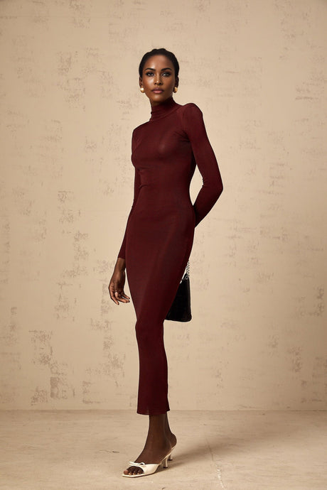 Addison Midi Dress - Shoulder Padded - Semi - Sheer - Stretch Knit - Turtle Neck