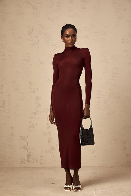 Addison Midi Dress - Shoulder Padded - Semi - Sheer - Stretch Knit - Turtle Neck