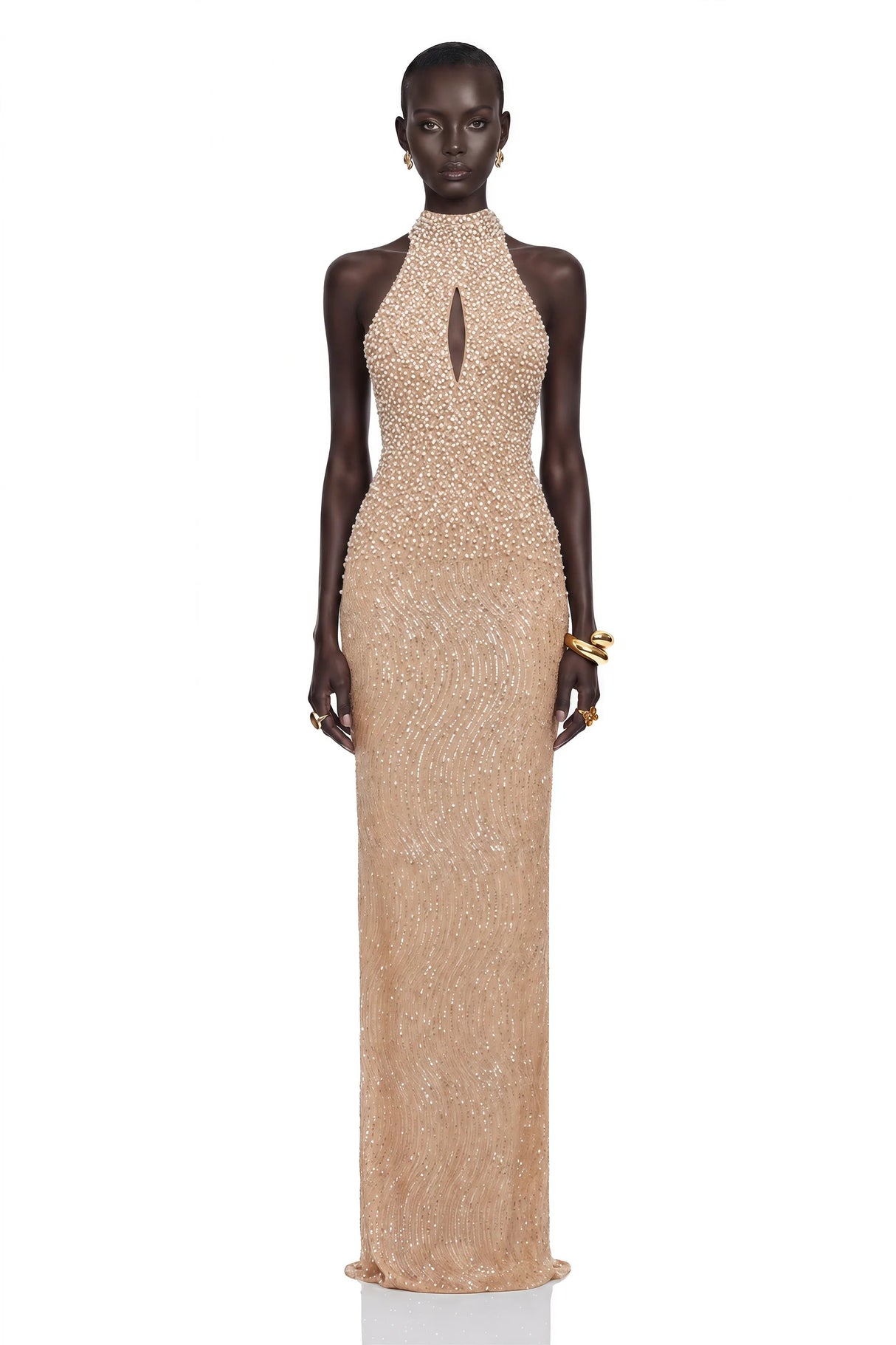 Adél Neutral Halterneck Embellished Maxi Gown
