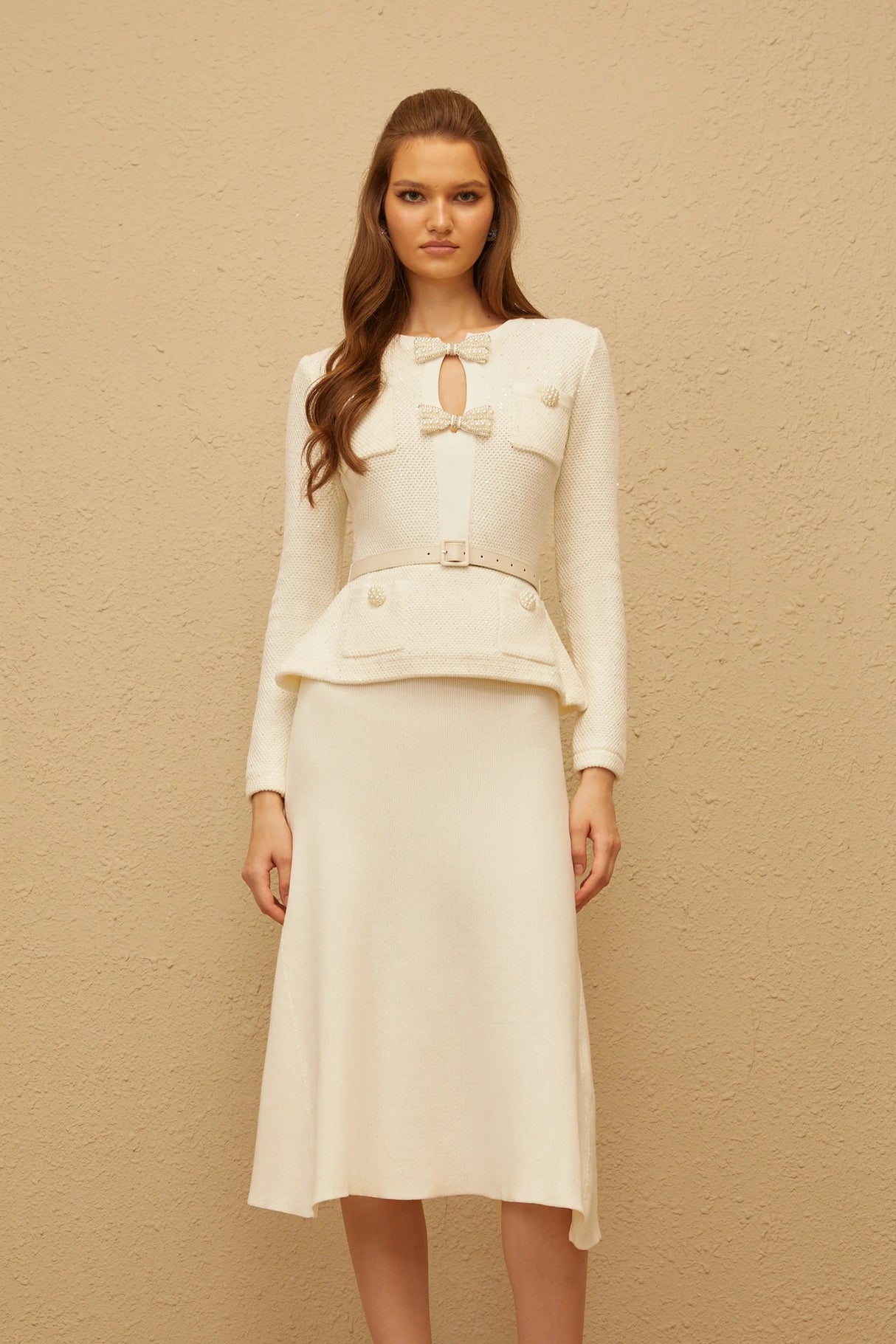 Adélade White Embellished Knit Midi Dress